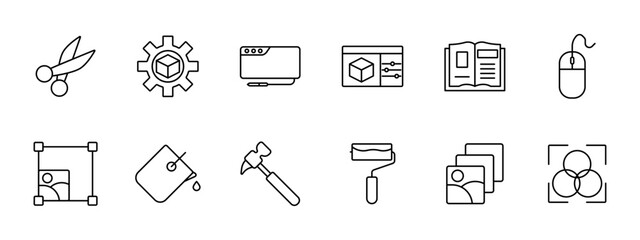 Creativity set icon. Scissors, artist, visual designer, artist, painter, gear, square, paint bucket, fill, hammer, roller, cartooning, book, mouse, photo layers, color correction. Creation concept.