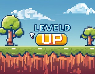 Pixel art game background with button level up. Game design concept in retro style.  illustration. Game screen pixel