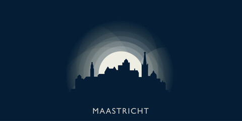 Maastricht cityscape skyline city panorama vector flat modern banner illustration. Netherlands, Holland town emblem idea with landmarks and building silhouettes at sunrise sunset night