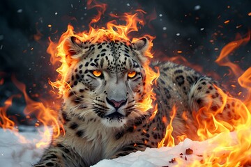 Snow leopard in fire  - obrazy, fototapety, plakaty
