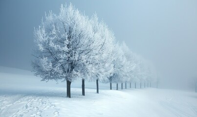 snow covered trees in the fog