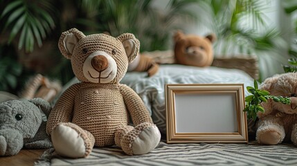 Layout for children: a soft toy and a clean white frame in the toy room. An empty space to copy with a soft toy. Creative concept of children's props and advertising space - obrazy, fototapety, plakaty