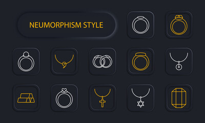 Jewelry set icon. Ring, diamond, adamant, cross, wedding rings, gemstone, luxury, heart, gift, chain, annulus, hoop, emerald, amethyst, sapphire, neomorphism. Expensive gifts concept.