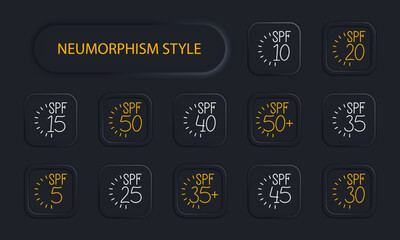 SPF set icon. Sunscreen, indicator, 20, 5, 35, 15, 40, 10, 50, 30, 25, 45, 35, sunburn, caring for appearance, vacation, beach, tanning, neomorphism. Health care concept.