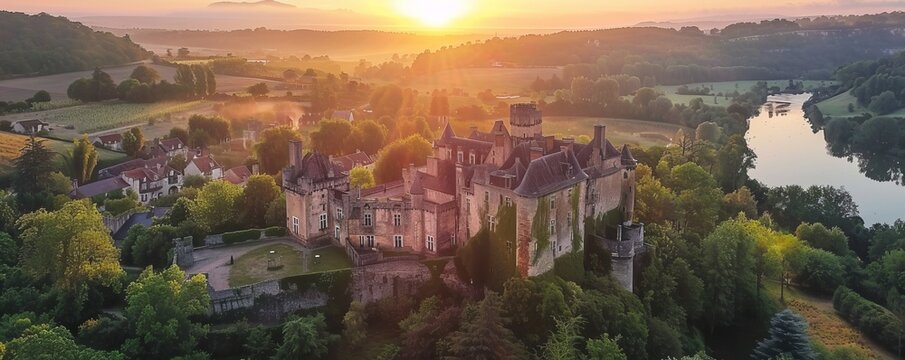 Aerial view of Chateau Saint-Hilaire, Curemonte village, Correze, France.
