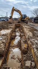 Fototapeta premium A large excavator is digging a trench in the ground. The trench is about 10 feet deep and 5 feet wide. The excavator is removing the dirt and placing it on the side of the trench.