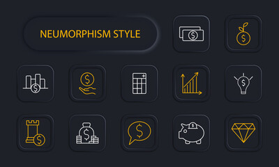 Profit set icon. Coin, sprout, tower, earnings strategy, statistic, money, diagram, growth, capital, savings, piggy bank, idea, startup, bulb, neomorphism, making money. Asset multiplication concept.