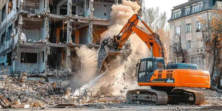 A large excavator tears down a building, with debris flying everywhere