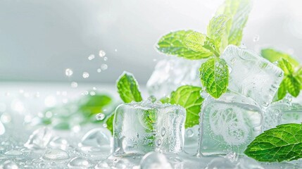 green peppermint leaves in ice cubes, light background, side view