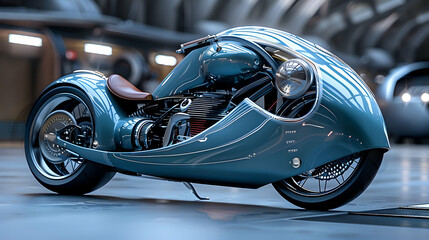 A retro-futuristic motorcycle reminiscent of 1950s science fiction