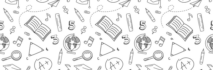 Back to school doodle seamless pattern. Hand drawn background with school supplies and creative elements. Back To School Background for advertising, banners, leaflets and flyers. Vector illustration.