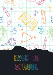 Back to school poster. Back to school text in art board background with educational creativity supplies. Chalkboard and checkered paper on backdrop. Torn sheet of paper. Banner design for education
