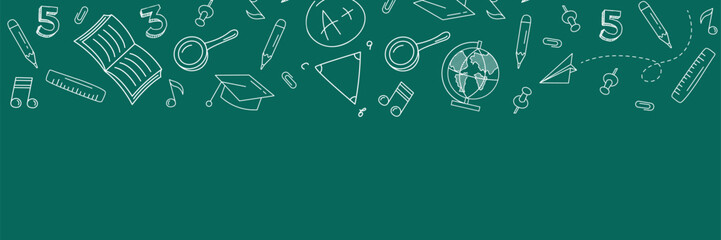 Back to school concept in chalk doodle style on blackboard. Banner template with school supplies frame. Template of a school poster with hand drawn accessories and copyspace. Vector illustration