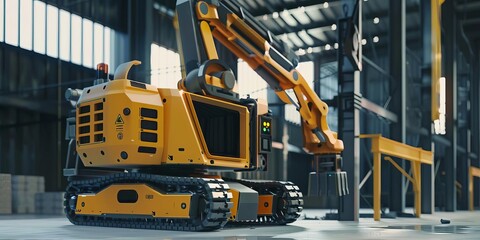 A yellow robotic vehicle with a claw attachment is working on an industrial construction site. The vehicle is surrounded by metal beams and other construction materials.