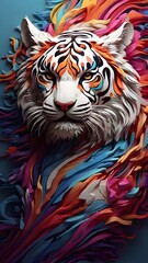3D vector rainbow colored, wavy fractal neon white Tiger head.