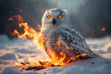 Snowy owl in fire  - obrazy, fototapety, plakaty
