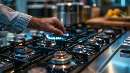 Precise close-up of a hand fine-tuning the control dial on a high-end gas stove in a well-equipped modern kitchen