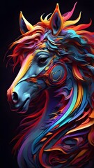 3D vector rainbow colored, wavy fractal neon Horse head.