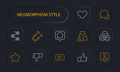 Feedback set icon. Beckons, sharing, communication with audience, YouTube, share, communication, comments, heart, circulation, contact, popularity, like, dislike, neomorphism. Responsiveness concept.