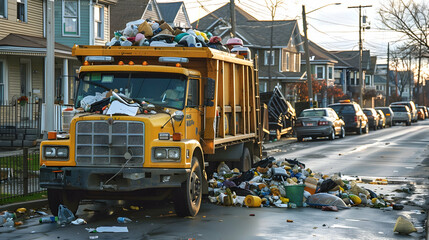 A sanitation truck compacting trash in a residential neighborhood