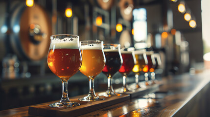 A variety of beers are lined up on a bar counter. The glasses are different shapes and sizes, and the beers are different colors. The background is blurry and out of focus.