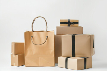 professional image featuring product package boxes and a craft shopping bag against a white background, embodying the realism and convenience of modern online shopping.
