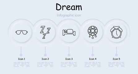 Dream set icon. Slumber, repose, bed, alarm clock, dream catcher, Z, snoring, melatonin, pillow, infographic, sleep cap, neomorphism, black on white. Sleep concept.