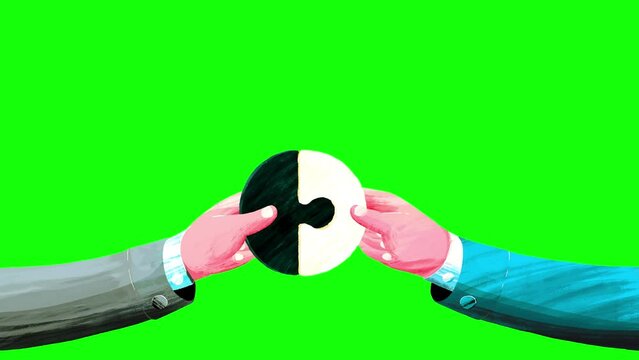 Two hands with black and white puzzles matching greenbox. Yellow and blue version. Business cartoon animation explainer hand made painting flat design style. Two businessmen agreement.
