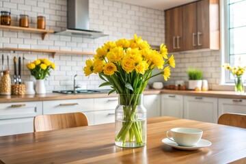  Yellow flowers on table in stylish kitchen