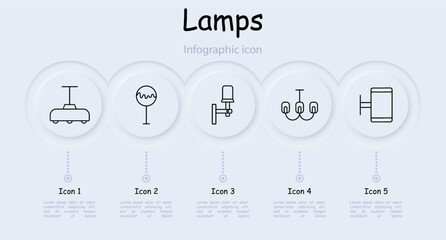 Icon set lamps. Lamps, fixtures, lighting, light, chandelier, luminous sign, light bulb, illumination, lantern, variety, tube, illuminator, glow, luster, infographic, neomorphism. Choice concept.