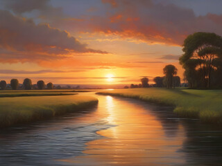 sunset over the river  trees, beautiful,reflection, dusk, orange, calm,Ai generated 