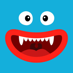 Cute blue monster face head banner. Happy Halloween. Square monsters. Spooky Smiling Boo screaming smiling face emotion. Eyes, tongue, teeth fang, mouse, lips. Flat design. Baby kids background Vector