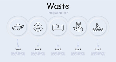 Waste set icon. Car, gas, refuse, tailings, cheeseparings, cracked pipe, bottle, water, garbage in ocean, radiation, rubbish, nuclear plant, nuclear waste, carbon gas, infographic. Refuse concept.