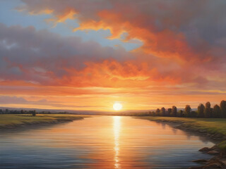 Naklejka premium sunset over the river sky, water, sea, sun, sunrise, clouds, nature, lake,Ai generated 