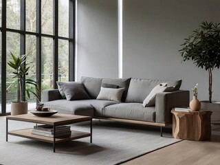 a modern living room with minimalist design, neutral colors, natural light, an indoor plant, large windows, a cozy sofa, and wooden furniture