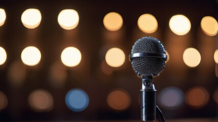 Vintage Microphone On Stage With Bokeh Light