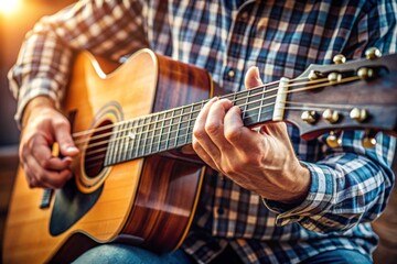 Hands, home and man with guitar, talent and instrument with strings, performance and musician. Learning, closeup and person with audio, production sound or worship with creativity and solo artist