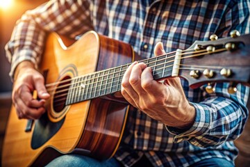 Fototapeta premium Hands, home and man with guitar, talent and instrument with strings, performance and musician. Learning, closeup and person with audio, production sound or worship with creativity and solo artist