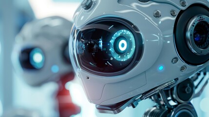 Fototapeta premium Intimate portrait of a robot ophthalmologist at work, subtly covering the right eye, portraying joy and professionalism in eye care