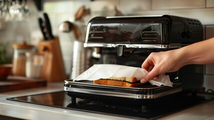 Intimate look at a hand using a dry napkin to clean a sandwich maker, emphasizing the texture of the black interior, kitchen background