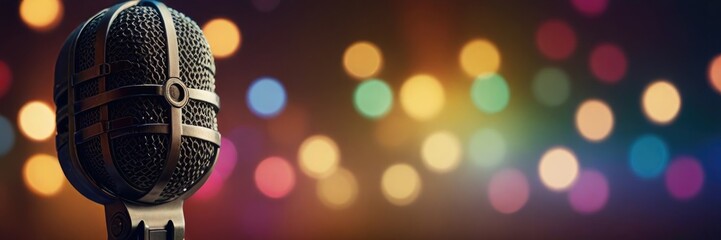 Fototapeta premium Vintage Microphone On Stage With Bokeh Light