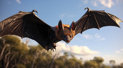 Bat is flying sky background, Pemba_Flying_Fox_Pteropus_voeltzkowi_hyperrealis