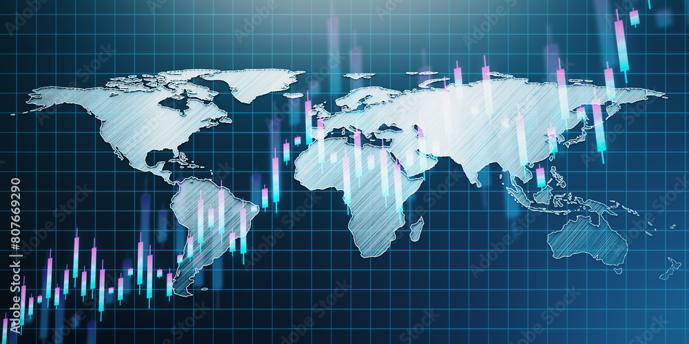 Poster creative growing candlestick forex chart on wide blue grid background with map. financial growth and