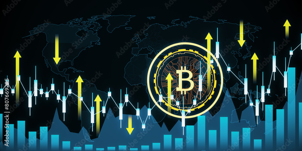 Aufkleber Creative glowing digital bitcoin on dark tech background with forex chart and arrows. Broker and futuristic banking concept. 3D Rendering.