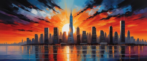 Silhouette of a city skyline at sunset