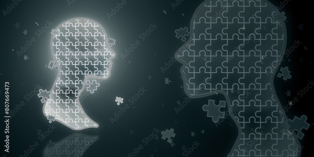 Poster creative jigsaw head outline on blurry black background. creativity, solution and brainstorm concept