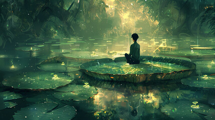 fantasy scene of boy sits on a giant lotus leaf