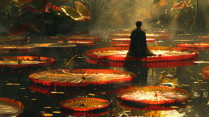 fantasy scene of boy sits on a giant lotus leaf - obrazy, fototapety, plakaty
