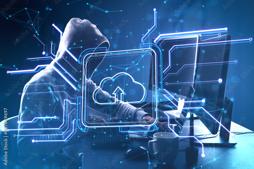 Poster Side view of hacker using computers at desk with creative square circuit button hologram with cloud icon. Technology, hacking and cloud computing concept. Double exposure.