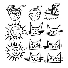 A set of mammal drawings include cats, with a sun, coconut, and boat sketch